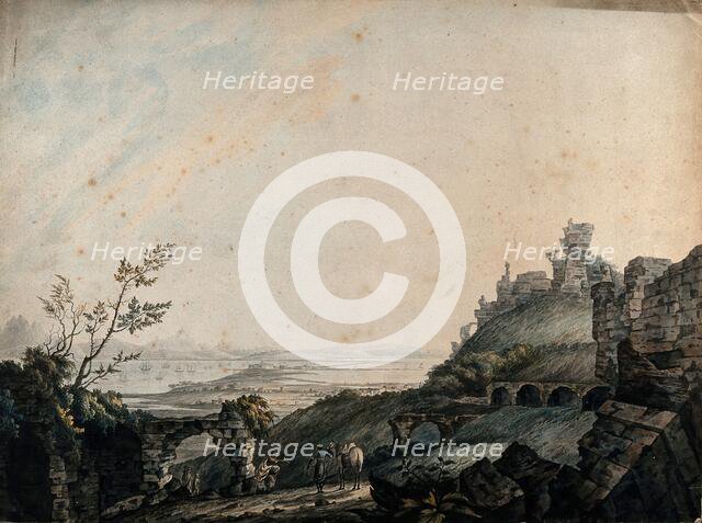 Ruins at Galetta, with lake Tunis in the distance, seen from Carthage, Tunisia, 1778. Creator: Charles Gulin.
