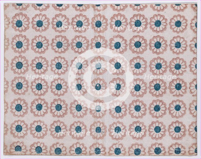 Sheet with overall pattern of pink flowers with blue centers, 19th century. Creator: Anon.
