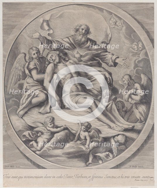 The Holy Trinity, with the dead Christ at center surrounded by angels, God the Father, ..., 1650-90. Creator: Anon.