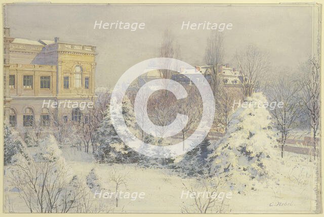 View from the south of the Städel Museum in winter, mid-19th century. Creator: Carl Nebel.