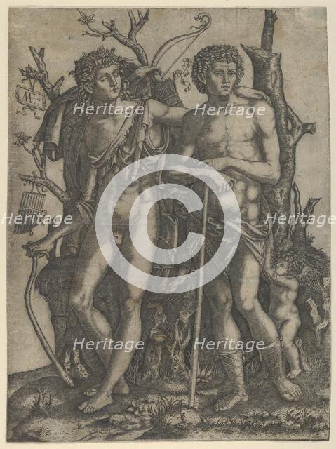 Apollo standing at the left, his hand resting on the shoulder of Hyacinthus, Cupid in the ..., 1506. Creator: Marcantonio Raimondi.