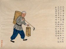 A man collecting human faeces to be used as manure: with a wooden barrel on his back..., 1890. Creator: Pei Qun Zhou.
