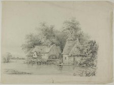 Watermill and Cottage with Thatched Roofs, 19th century. Creator: Unknown.