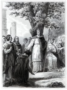 Saint Louis IX (1214-1270), King of France imparting justice, engraving from 1853.
