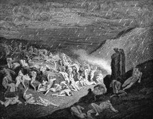 Dante and Virgil looking down upon souls in torment in the inferno, 1863. Artist: Gustave Doré