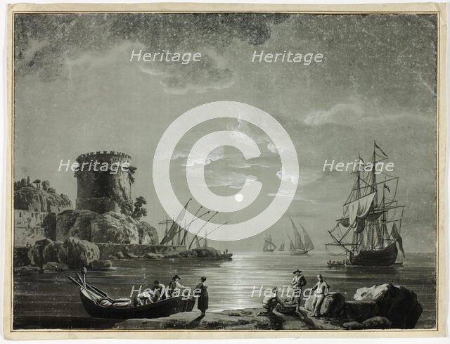 Moonlight Scene in Fishing Port, 1800-1899. Creator: Unknown.