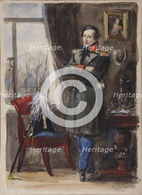 Portrait of the poet Mikhail Lermontov (1814-1841), 1940. Artist: Rudakov, Konstantin Ivanovich (1891-1949)