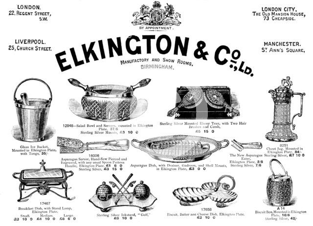 Advertisement for Elkington & Co. Ltd., manufactory and show rooms, 1895. Creator: Unknown.