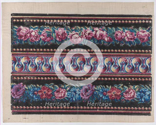 Sheet with a border with pink and multicolor floral garlands on a bl..., late 18th-mid-19th century. Creator: Anon.