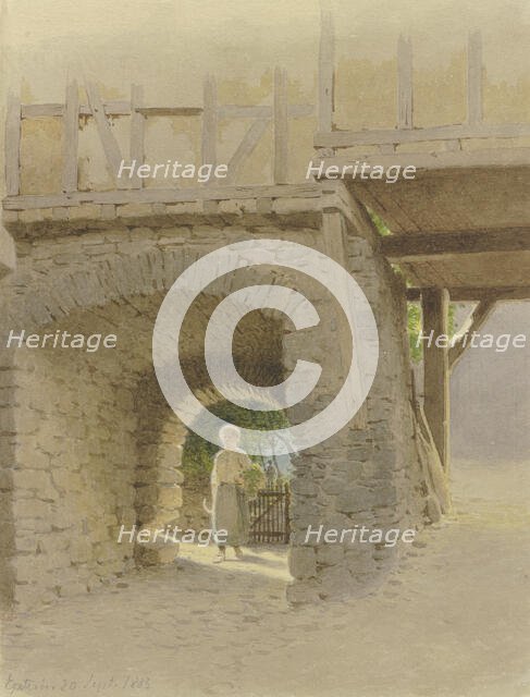 Doorway in Eppstein, through which a young woman walks, 1883. Creator: Carl Theodor Reiffenstein.