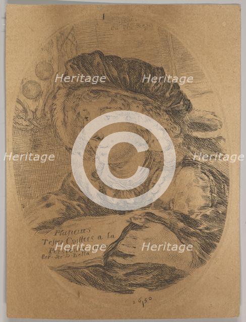 A bust of a young man wearing a cap with feathers, turned three-quarters to the left, the ..., 1650. Creator: Stefano della Bella.