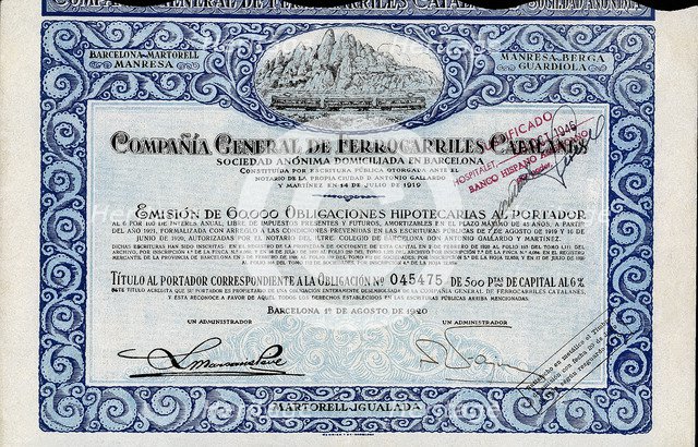 Obligation of 500 pesetas of the Compañía General de Ferrocarriles Catalanes, S.A., at 6%, Barcel…