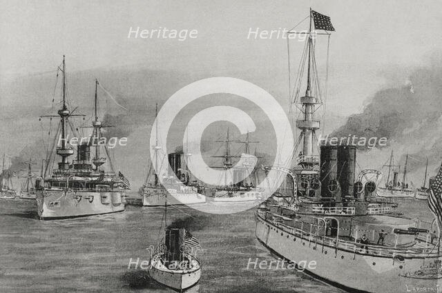 Spanish-American War (1898): from left to right: USS Texas, USS Cushing and USS Indiana, 1898. Creator: Enrique Laporta Valor.