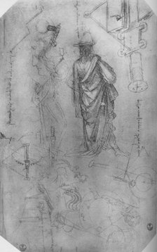 'A Draped Figure, Studies of Machinery Etc.', c1480 (1945). Artist: Leonardo da Vinci.