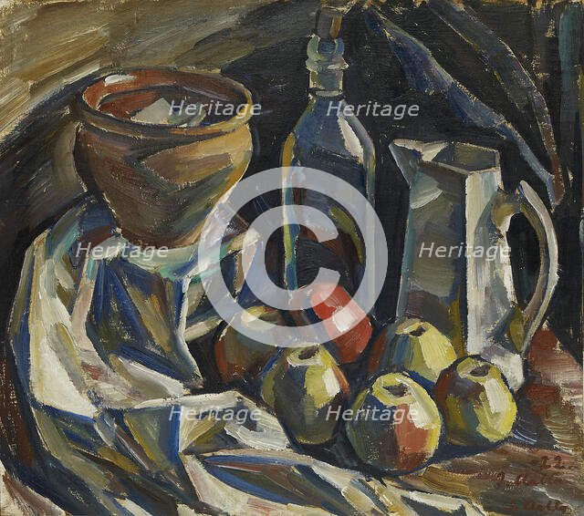 Still Life with Jug, Pot, Bottle and Apples, 1922. Creator: Ilmari Aalto.