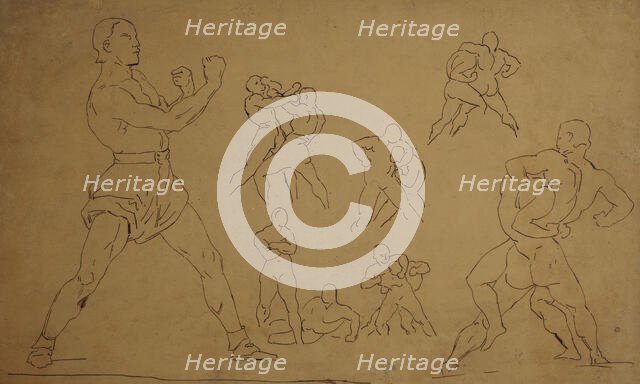 Sketches of wrestlers after gericault, 19th century. Creator: Antoine-Louis Barye.