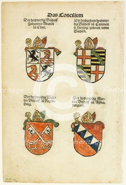 Coats of Arms of Bishops (recto and verso) from Das Concilium so zu Constantz..., 1937. Creator: Jorg Breu the Elder.
