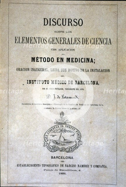 Cover of the book 'Discourse on the general elements of science ... ', 1866. Creator: Letamendi, José de, Dr. (1828 - 1897).
