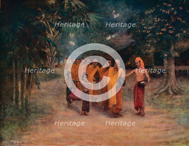 'Burmese Monks Begging in a Village - Early Morning', 1913. Artist: James Raeburn Middleton.