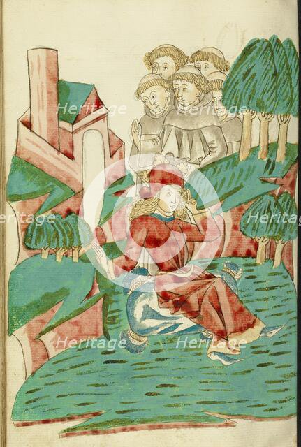 Josaphat sits Dreaming in a Landscape, with Several Monks in the Background, 1469. Creators: Hans Schilling, Diebolt Lauber.