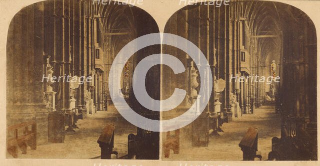 Interior of Westminster Abbey; North Aisle of The Nave, looking West, from the South..., about 1860. Creator: Victor A Prout.