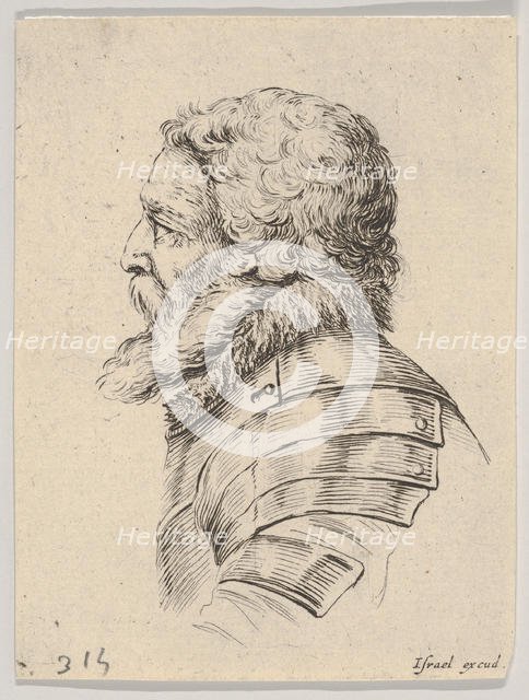 Plate 7: bust of a bearded soldier wearing armor, facing left in profile, from 'Various he..., 1650. Creator: Stefano della Bella.
