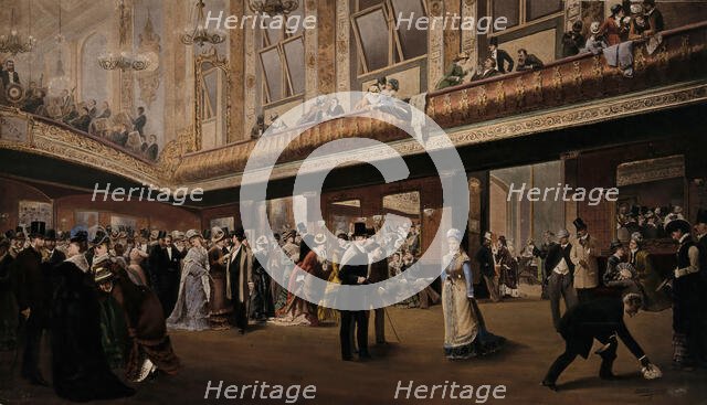 A large gathering inside a galleried ballroom, 1878. Creator: Unknown.