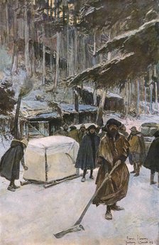 'En Alsace; Arrivee de blesses, en traineau, au poste de secours', 1915. Creator: Unknown.