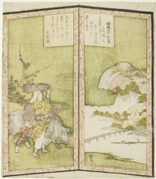 Landscape and Oharame (a woman from Ohara), from an untitled hexaptych depicting..., c. 1825. Creator: Shinsai.