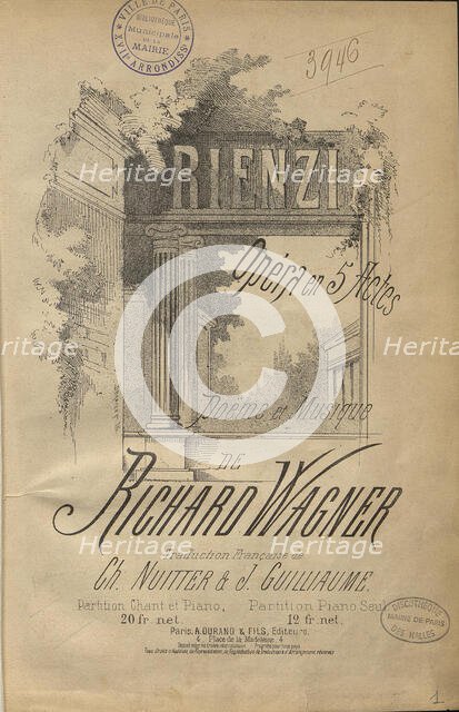 Cover of the vocal score of opera "Rienzi, the last of the tribunes" by Richard Wagner, 1890s. Creator: Anonymous.