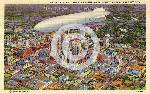 'United States dirigible passing over Houston, Texas' largest city', USA, 1934. Artist: Unknown