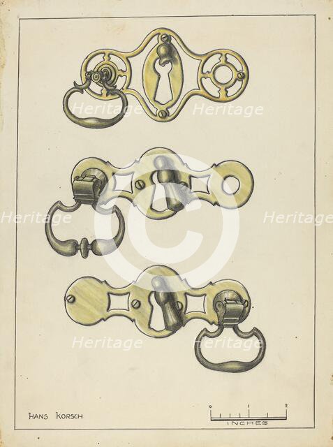 Three Door Handles, 1935/1942. Creator: Hans Korsch.