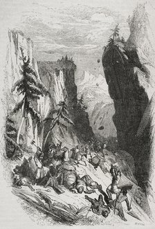 Battle of Roncevaux Pass, Iberian Peninsula, August 15, 778, (1852).  Creator: José Severini.