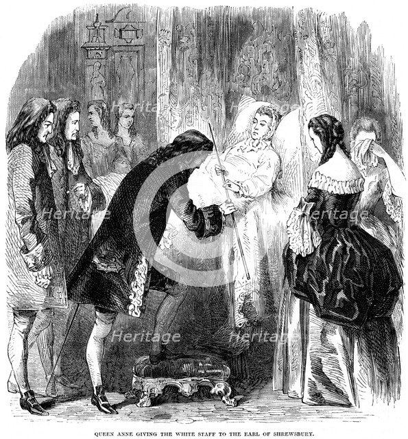 Queen Anne (1665-1714) handing over the white staff to the Earl of Shrewsbury, c1714. Artist: Unknown