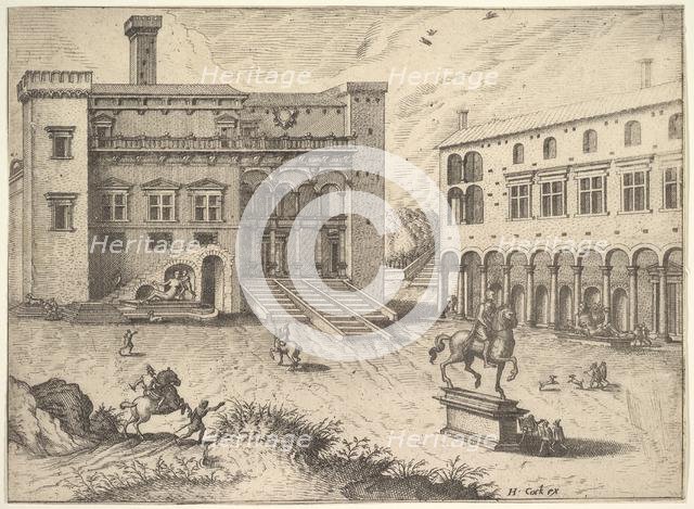 View of the Campidoglio on the Capitoline Hill, with equestrian statue at lower right, fro..., 1562. Creator: Johannes van Doetecum I.