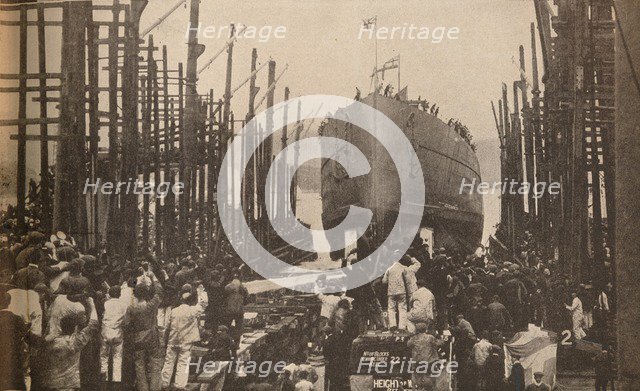 'Launch of H.M.S. Lion in August, 1910', c1910, (1935). Artist: Unknown.