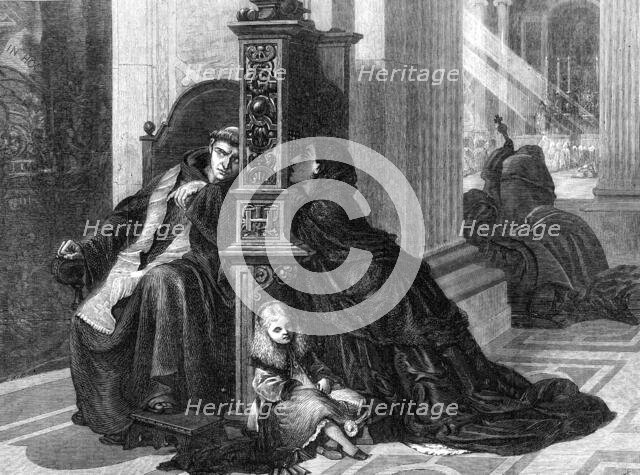 "A Confession", by R. Lehmann, in the exhibition of the Royal Academy, 1872. Creator: Unknown.