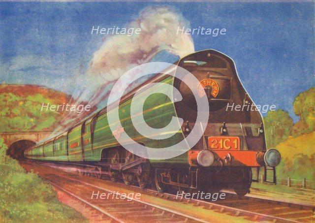 'New Streamlined Express, Merchant Navy, S.R., leaving Honiton Tunnel', 1940. Artist: Unknown.