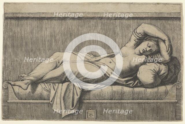 Cleopatra lying partly naked on a bed, ca. 1515-27. Creator: Marcantonio Raimondi.