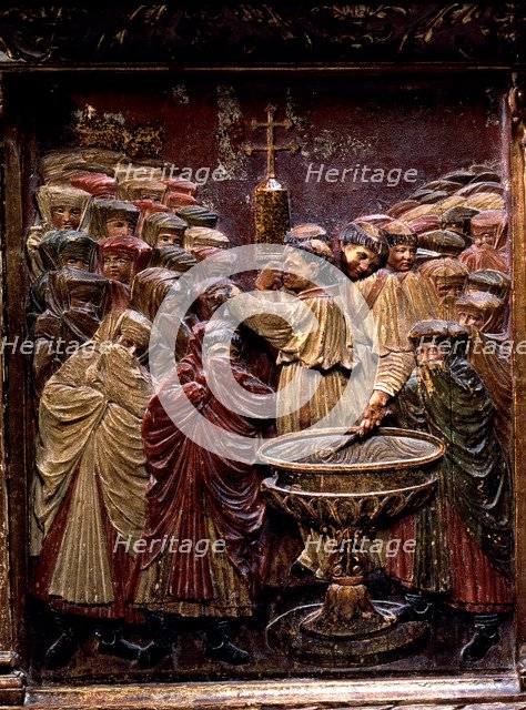 Forced Baptism of Arab women, after the taking of Granada', attic with wooden relieves in the mai…