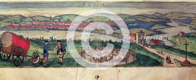 View of the city of Ecija and the Genil river. Engraving in the work 'Civitates Orbis Terrarum', …
