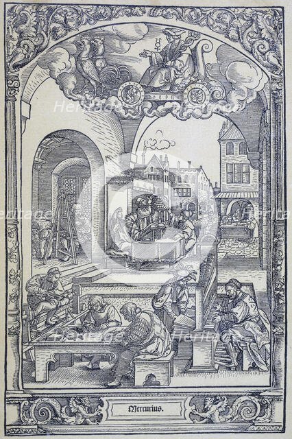 The planet Mercury and artists, scholars and technicians, c1535. Creator: Sebald Beham.