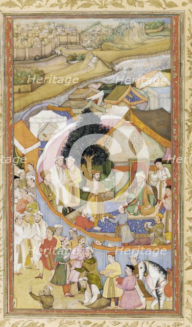 Da'ud Receives a Robe of Honor from Munim Khan (llustration from The Akbarnama), ca 1604. Artist: Hiranand (active Early 17th cen.)