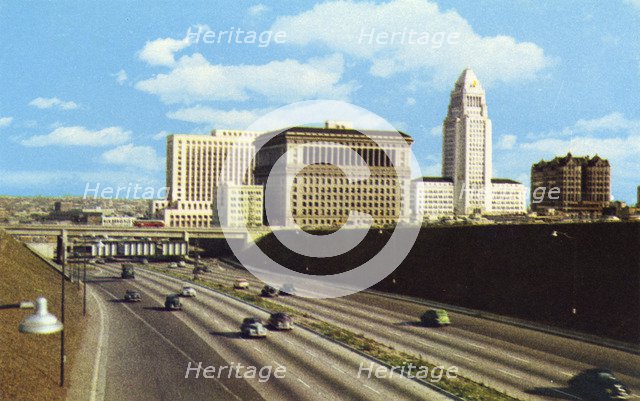 Civic Center From Hollywood Freeway, Los Angeles, California, USA, 1953. Artist: Unknown