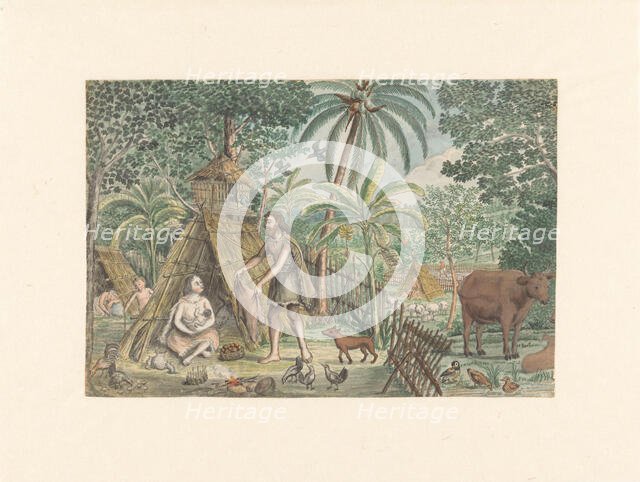 Adam and Eve in a utopian village scene, 1779-1785. Creator: Jan Brandes.