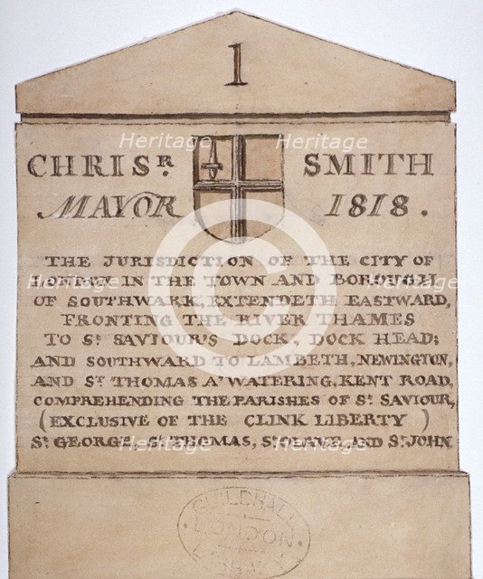 Boundary stone between the City of London and the borough of Southwark, London, c1820. Artist: Anon