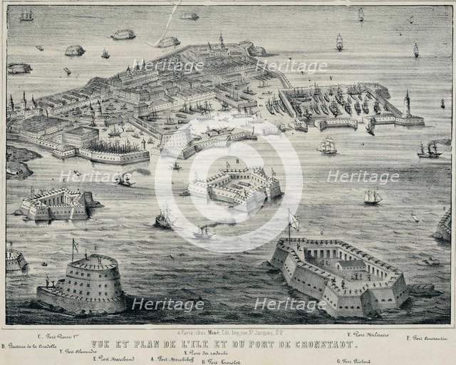 View and Plan of island and the port of Kronstadt, c. 1850. Artist: Anonymous  
