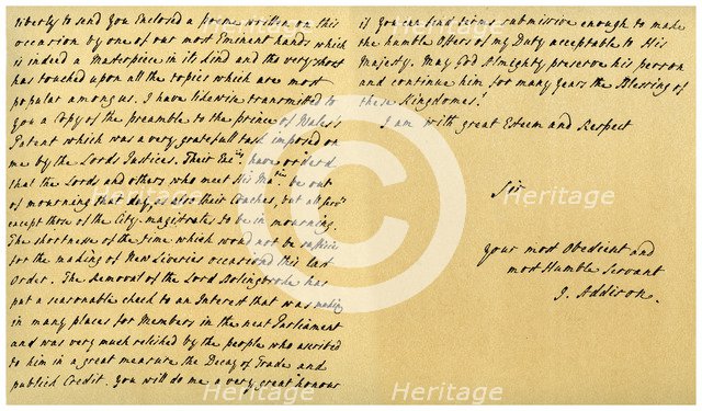 Letter from Joseph Addison to J Robethon, Secretary to George I, 4th September 1714.Artist: Joseph Addison