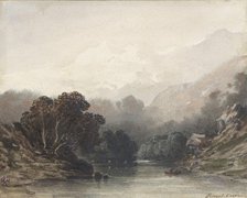 Mountain lake in the shadow of dark trees, behind it light hills and snowy peaks, 1800-1900. Creator: Ernest Ciceri.
