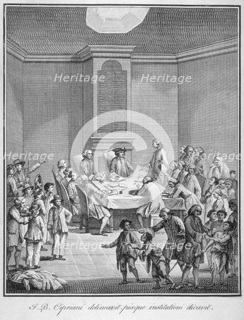 Interior view of the Marine Society's office over the Royal Exchange, City of London, 1758. Artist: Anon